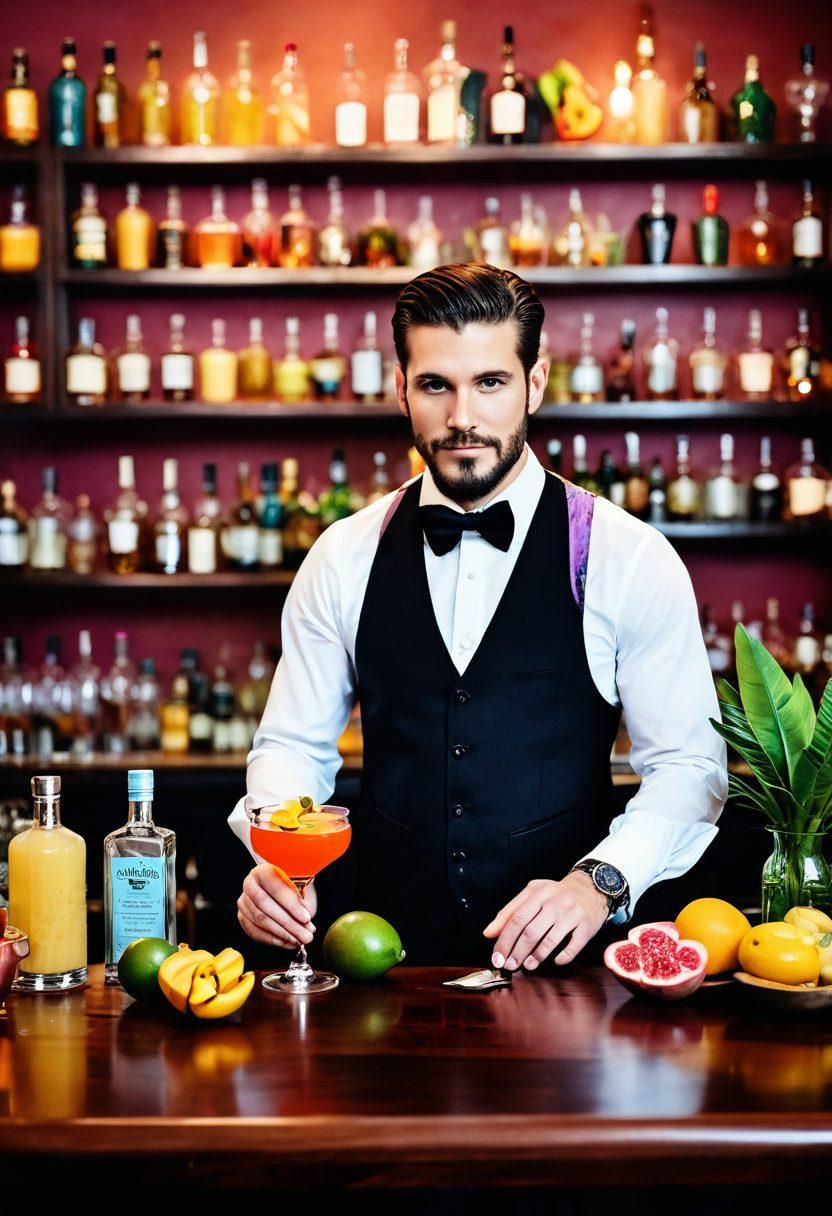 A stylish bar scene featuring a skilled bartender crafting a vibrant cocktail with a ripe banana, surrounded by exotic fruits and colorful artisan spirits. The background showcases a variety of bottles and glassware, highlighting the artistry of mixology. The setting is warmly lit, creating a cozy and inviting atmosphere. Details include fresh herbs as garnishes and a splash of tropical elements. super-realistic. vibrant colors. warm lighting.