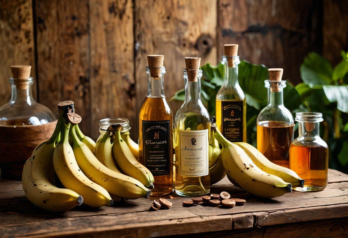 A vibrant still life composition featuring an assortment of freshly picked bananas, jars of homemade banana essence, and artisanal brandy bottles, all arranged on a rustic wooden table. Soft, warm lighting highlights the golden hues of the bananas and the glint of the glass bottles, creating a cozy atmosphere. In the background, blurred images of a lush banana plantation can be seen, evoking the source of the essence. Artisanal touches like a corkscrew and a small tasting glass add to the theme of craftsmanship. super-realistic. warm tones. rustic style.
