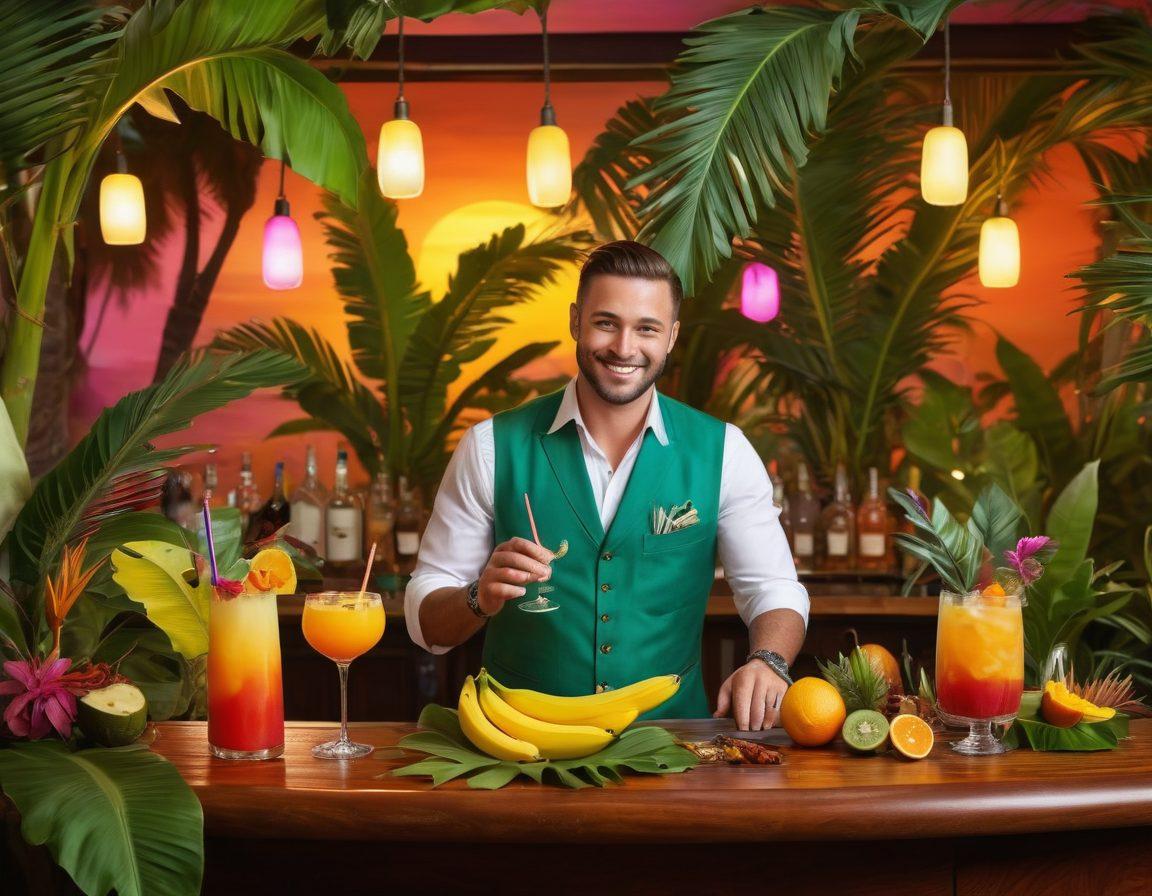 A tropical cocktail bar scene featuring a bartender artfully crafting banana-inspired cocktails, vibrant banana leaves and exotic fruits surrounding the bar. Include colorful cocktail glasses filled with creative drinks garnished with banana slices and umbrellas, under soft glowing lights. The background should have hints of paradise with palm trees and a sunset. super-realistic. vibrant colors. tropical theme.